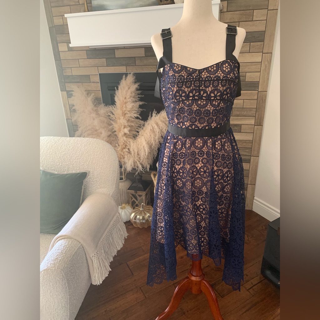 Nwt Self-Portrait Circle Blue Navy Lace Asymmetric Hem Midi Cocktail Dress Sz 6